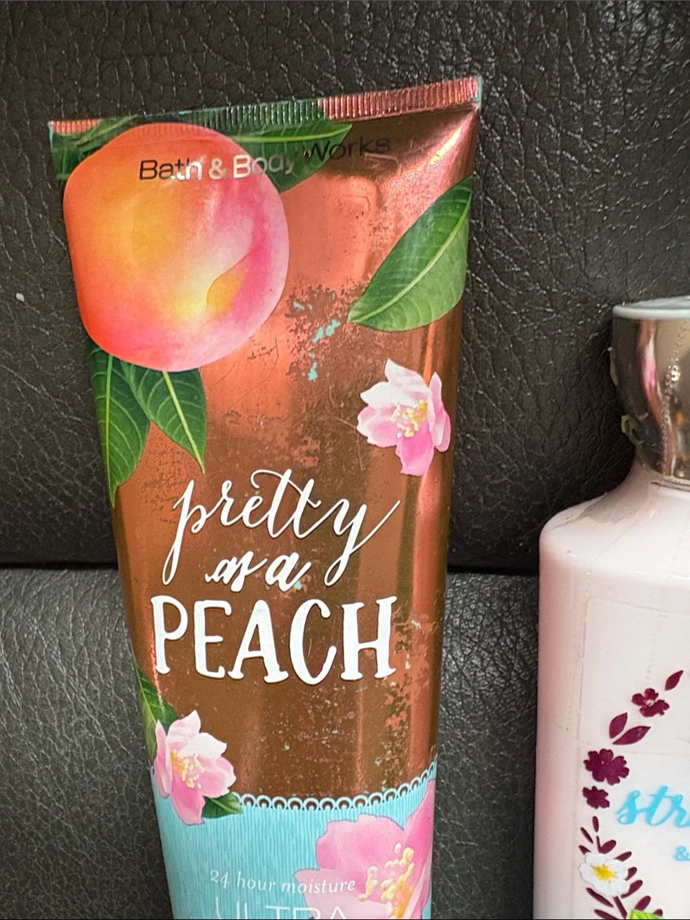 Bath and body set in pretty as a peach and bourbon strawberry and vanilla